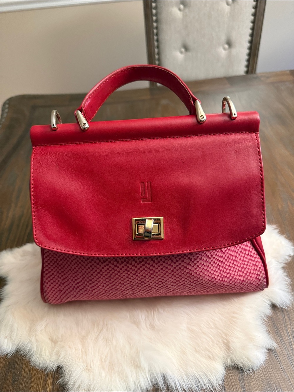 Jafferjees Red Leather Turnlock Crossbody Satchel